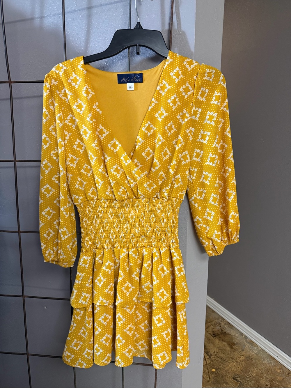 Blue Rain Yellow Geometric Smocked Mini Dress